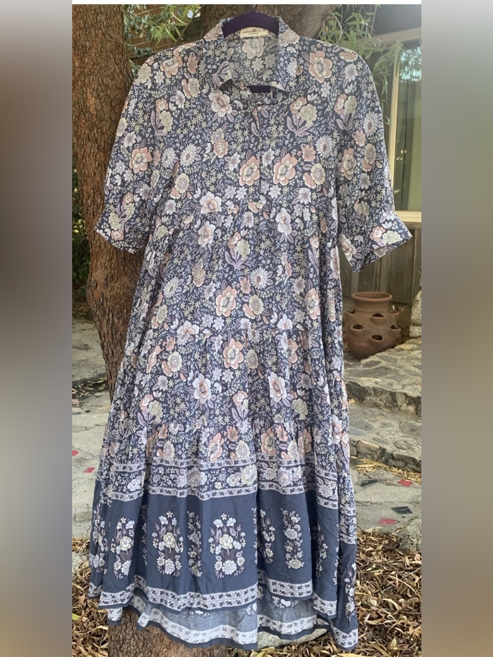 Natural Life Rebecca Midi Navy Gray Floral Tiered High-Low Hem Dress Pockets XS